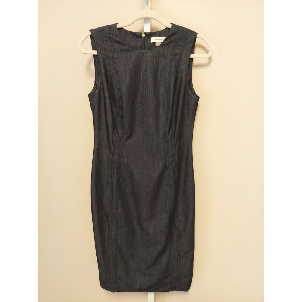 Calvin Klein‎ 4 Dark Indigo Denim Look Sleeveless Sheath Dress Minimalist Office